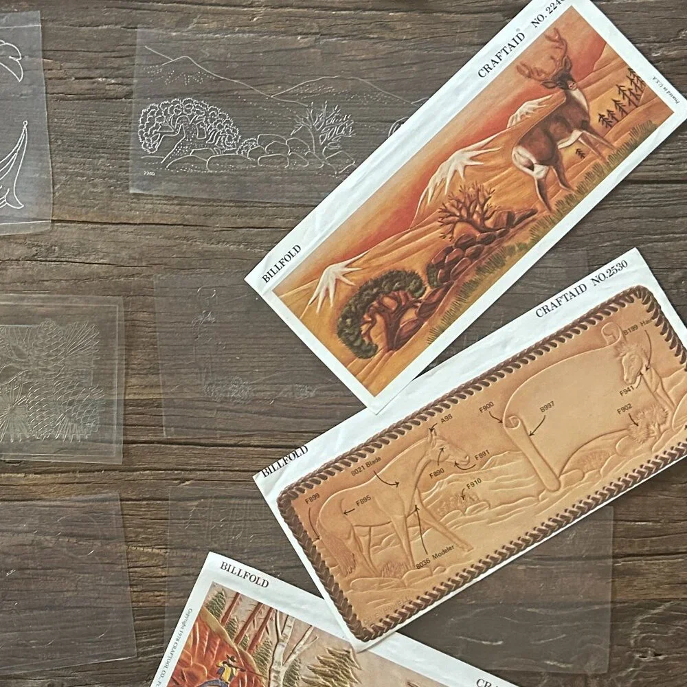 Lot of 6 Vintage Craftaid Leather Billfold Patterns Templates Woodland Western - Picture 7 of 9